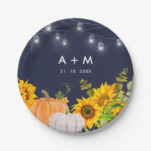 Sunflowers Pumpkins String Light Rustic Wedding ペーパープレート (正面)