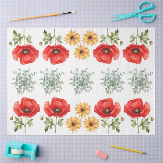 Sunflowers, Red Poppies & Eucalyptus Decoupage 薄葉紙 (クラフト)
