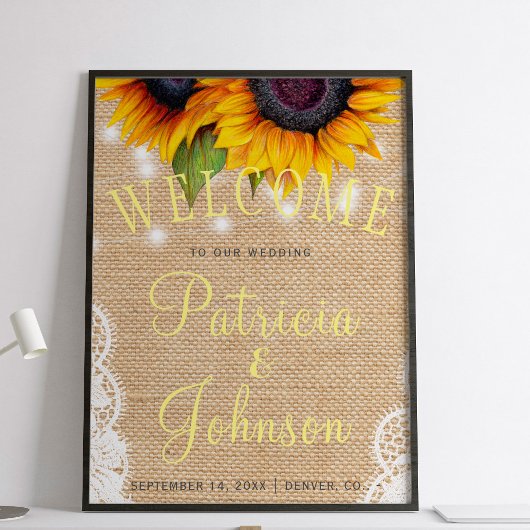 Sunflowers rustic lace burlap wedding welcome sign ポスター
