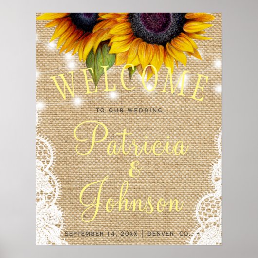 Sunflowers rustic lace burlap wedding welcome sign ポスター (正面)