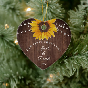 Sunflowers String Light Rustic Our First Christmas セラミックオーナメント