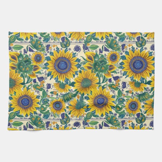 Sunflowers. Ukrainian Petrikivka folk art pattern. キッチンタオル (横)