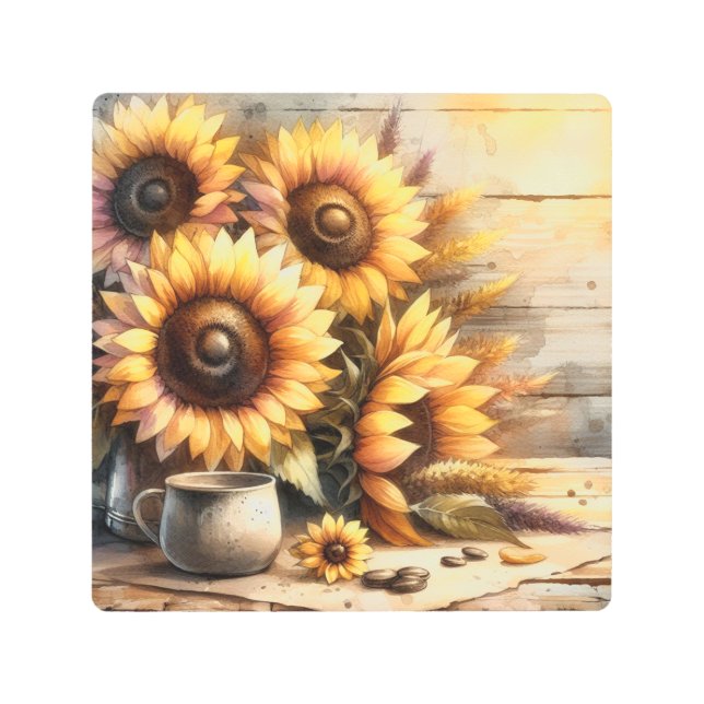 Sunflowers Watercolor Painting メタルプリント (正面)