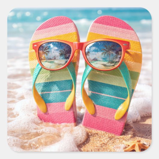 Sunglasses On Flip-flops In Beach Sand スクエアシール (正面)