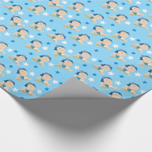 Sunhatのビーチのベビーの包装紙/青/男の子 ラッピングペーパー (角)