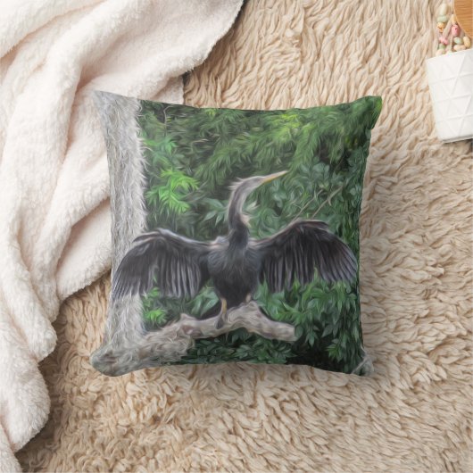 Sunlit Anhinga on a Mossy Branch クッション (ブランケット)