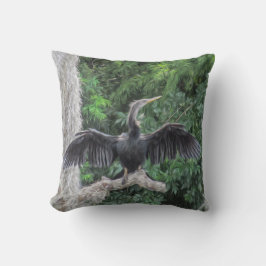 Sunlit Anhinga on a Mossy Branch クッション