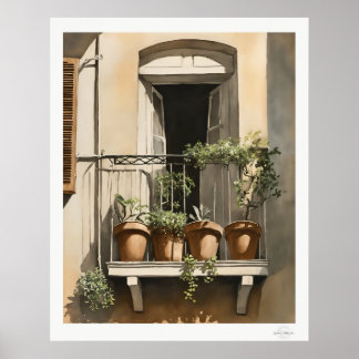 Sunlit Balcony with Flowers Oil Painting Print ポスター