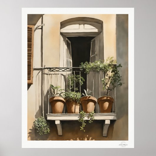 Sunlit Balcony with Flowers Oil Painting Print ポスター (正面)
