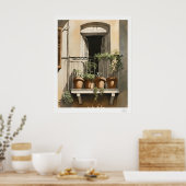 Sunlit Balcony with Flowers Oil Painting Print ポスター (キッチン)