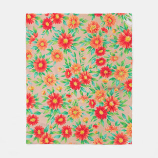 "Sunlit Blooms" オレンジとレッドの花の織りランチマット フリースブランケット