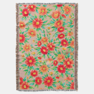 "Sunlit Blooms\" - オレンジと赤の花の織りランチマット スローブランケット