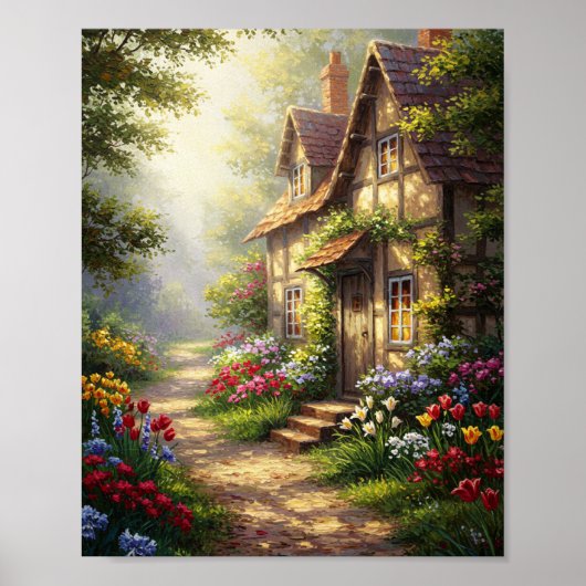 Sunlit Cottage & Flowers | Oil Masterpiece ポスター (正面)