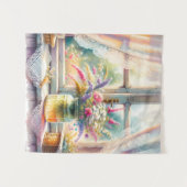 Sunlit Cottage Window Wildflowers タペストリー (正面(横))