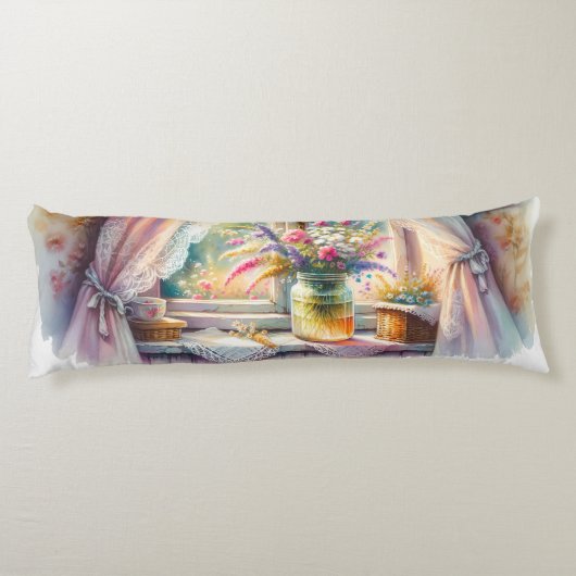 Sunlit Cottage Window Wildflowers ボディピロー (裏面)