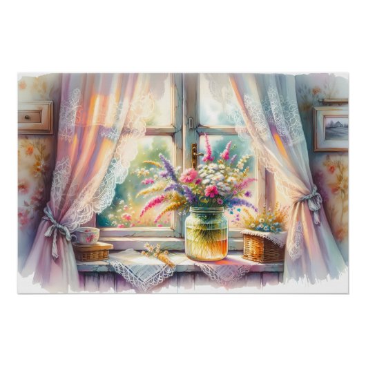 Sunlit Cottage Window Wildflowers ポスター (正面)