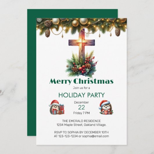 Sunlit Cross with Holly, Christmas 招待状 (正面/裏面)
