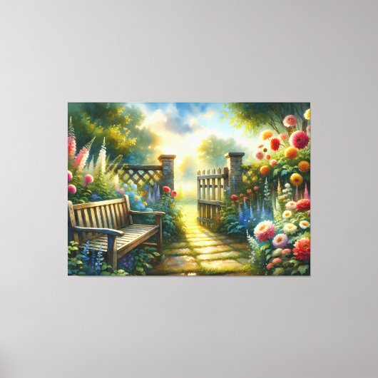Sunlit Garden Pathway Gate Scene キャンバスプリント (正面)