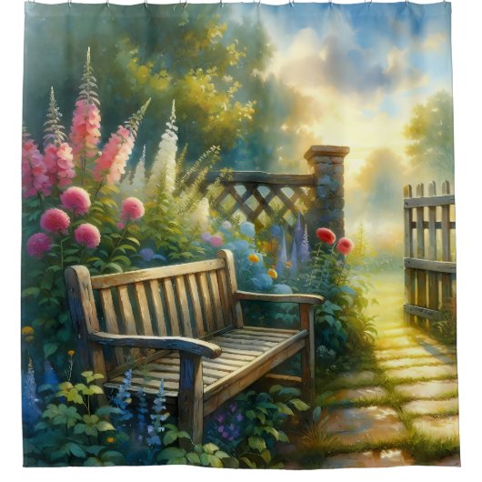 Sunlit Garden Pathway Gate Scene シャワーカーテン (正面)