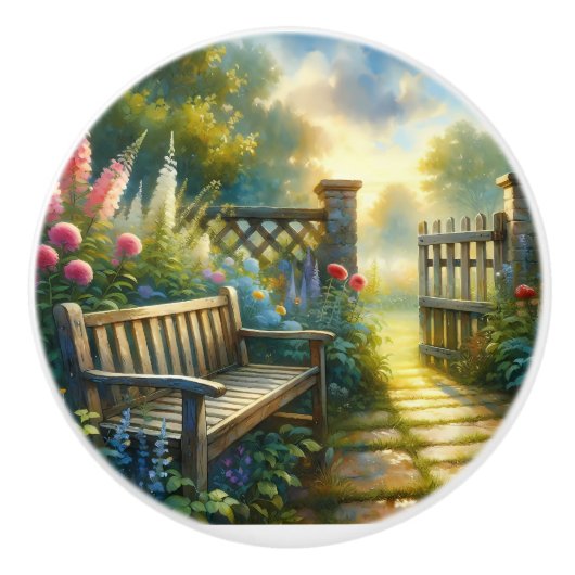 Sunlit Garden Pathway Gate Scene セラミックノブ (正面)