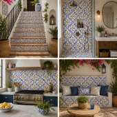 Sunlit Harmony Elegant Blue and Gold Floral Mosaic タイル