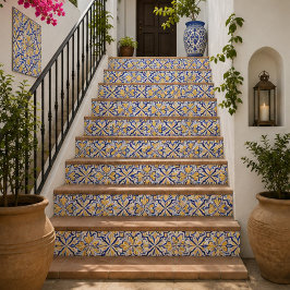 Sunlit Harmony Elegant Blue and Gold Floral Mosaic タイル