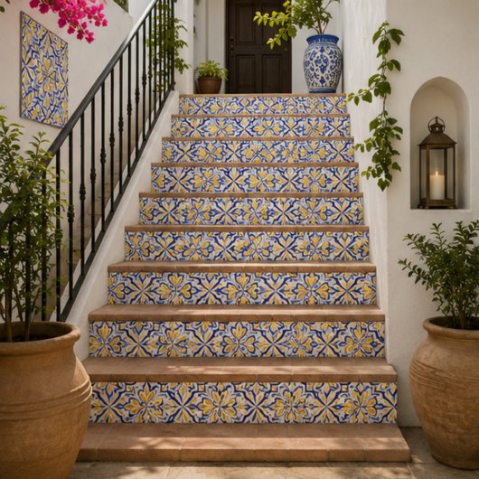 Sunlit Harmony Elegant Blue and Gold Floral Mosaic タイル
