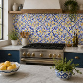 Sunlit Harmony Elegant Blue and Gold Floral Mosaic タイル