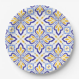 Sunlit Harmony Elegant Blue and Gold Floral Mosaic ペーパープレート
