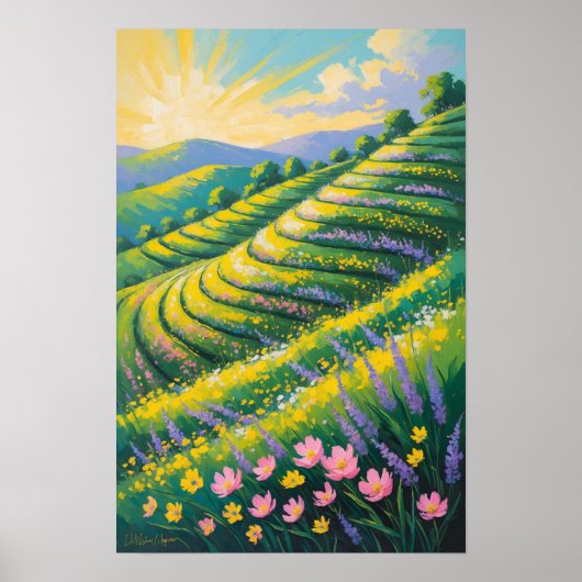 Sunlit Lavender Fields with Rolling Hills ポスター (正面)