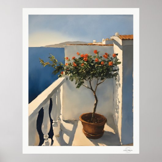 Sunlit Mediterranean Balcony with Flowers Oil Pain ポスター (正面)