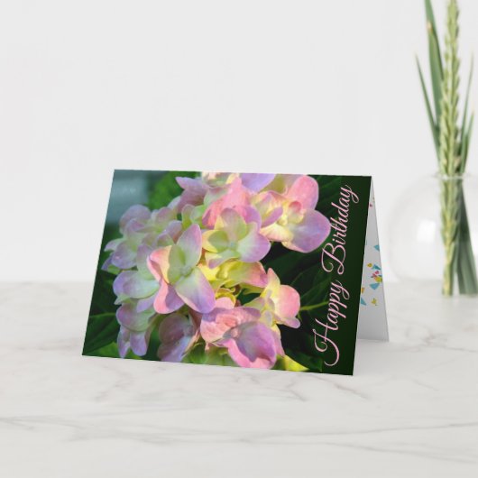 Sunlit Pink Hydrangea Happy Birthday Card カード (正面)