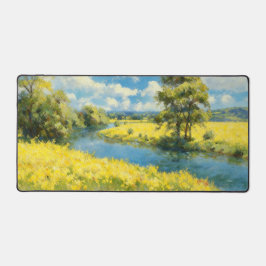 Sunlit River & Yellow Wildflower Field Oil Paintin デスクマット