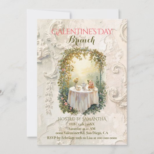 Sunlit Rococo Garden Arch Galentine Brunch Florals 招待状 (正面)