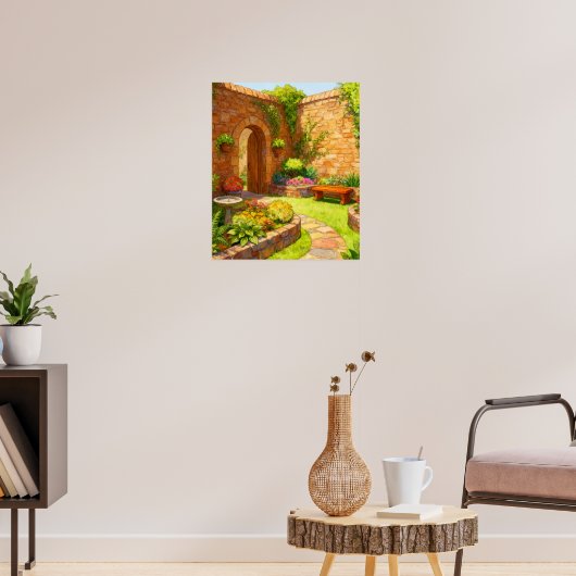 Sunlit Stone Courtyard Garden Path Watercolor Art ポスター (リビング3)