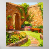 Sunlit Stone Courtyard Garden Path Watercolor Art ポスター (正面)