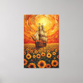  Sunlit Sunflower Sea - Whimsical Sailing Ship Fan キャンバスプリント (正面)