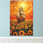  Sunlit Sunflower Sea - Whimsical Sailing Ship Fan キャンバスプリント (インサイチュ (ウッドフロア))