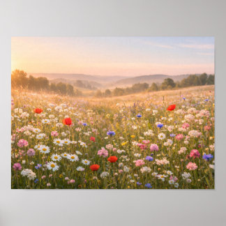 Sunlit Wildflower Meadow at Golden Sunrise ポスター