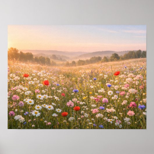 Sunlit Wildflower Meadow at Golden Sunrise ポスター (正面)