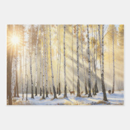 Sunlit Winter Birch Forest with Deer ラッピングペーパーシート