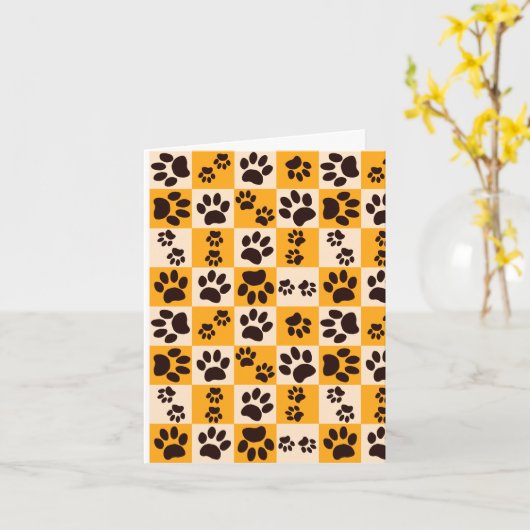 Sunny Cat Paw Print Checkerboard カード (黄色い花)