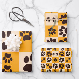 Sunny Cat Paw Print Checkerboard ラッピングペーパーシート