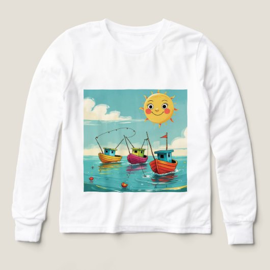 Sunny Fishing Boats – Kids’ Long Sleeve Tee (デザイン正面)