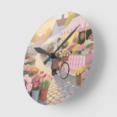 Sunny Flower Street Scene ラウンド壁時計 (傾斜)