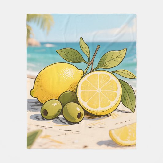 Sunny Lemon Olive Beachside Fresh フリースブランケット (正面)