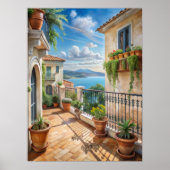 Sunny Mediterranean Balcony Sea View Art ポスター (正面)