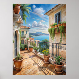 Sunny Mediterranean Balcony Sea View Art ポスター