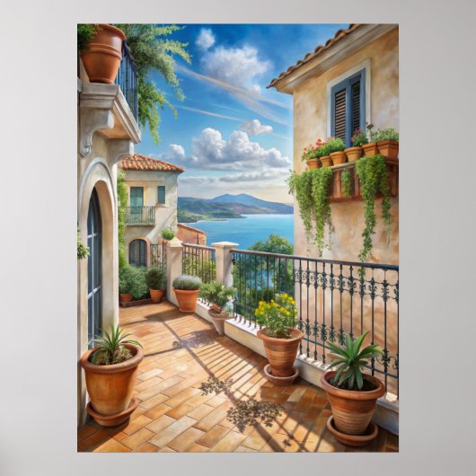 Sunny Mediterranean Balcony Sea View Art ポスター (正面)