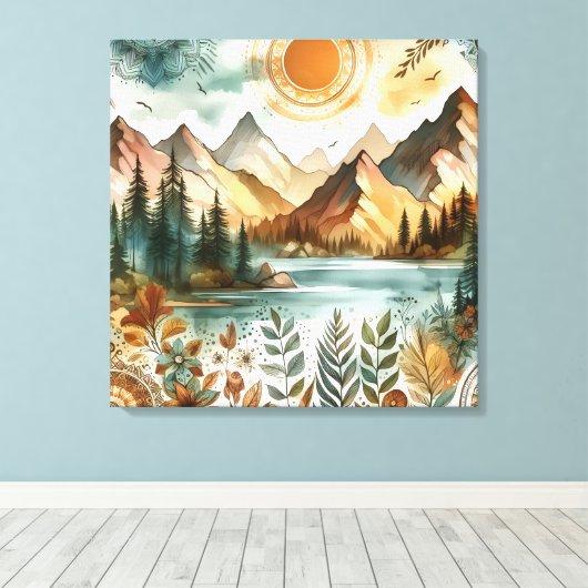 Sunny Rustic Boho Nature Pattern Mountain Lake キャンバスプリント (インサイチュ (ウッドフロア))